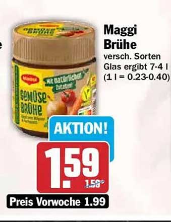 Maggi Brühe versch. Sorten Glas ergibt 7-4 1 (1 = 0.23-0.40)