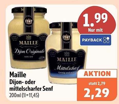Maille Dijon- oder mittelscharfer Senf 200ml (1l=11,45)