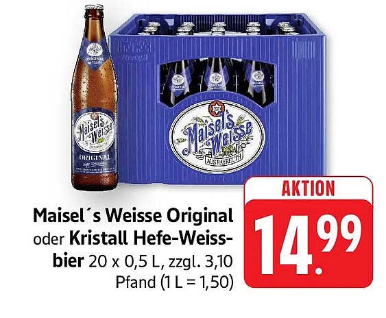 Maisel´s Weisse Original oder Kristall Hefe-Weissbier 20 x 0,5 L, zzgl. 3,10 Pfand (1 L = 1,50)