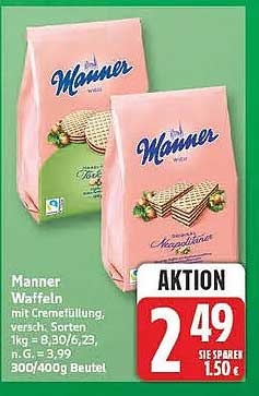 Manner Waffeln mit Cremefüllung, vers. Sorten, 1kg = 8,30/6,3n. G. = 3,99, 300/400g Beutel