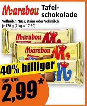 Marabou Tafel-schokolade Vollmilch Nuss, Daim oder Vollmilch je 170 g (1 kg = 17,59)
