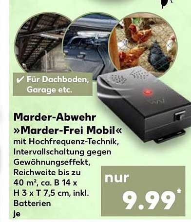 Marder-Abwehr »Marder-Frei Mobil« mit Hochfrequenz-Technik, Intervallschaltung gegen Gewöhnungseffekt, Reichweite bis zu 40 m², ca. B 14 x H 3 x T 7,5 cm, inkl. Batterien je