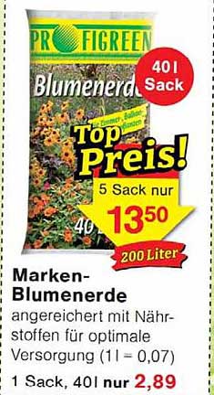 Marken-Blumenerde angereichert mit Nährstoffen für optimale Versorgung (1l = 0,07) 1 Sack, 40l nur