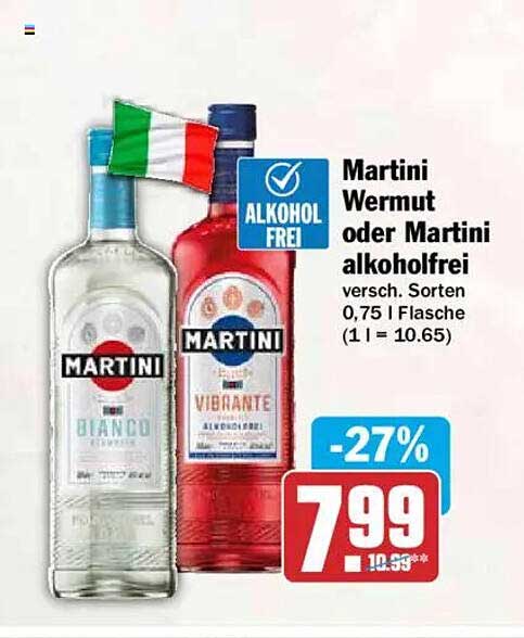 Martini Wermut oder Martini alkoholfrei versch. Sorten 0,75 l Flasche (1 l = 10.65)