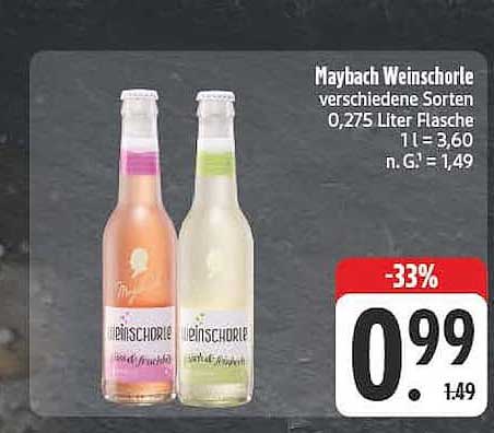 Maybach Weinschorle verschiedene Sorten 0,275 Liter Flasche 1 l = 3,60 n. G. = 1,49