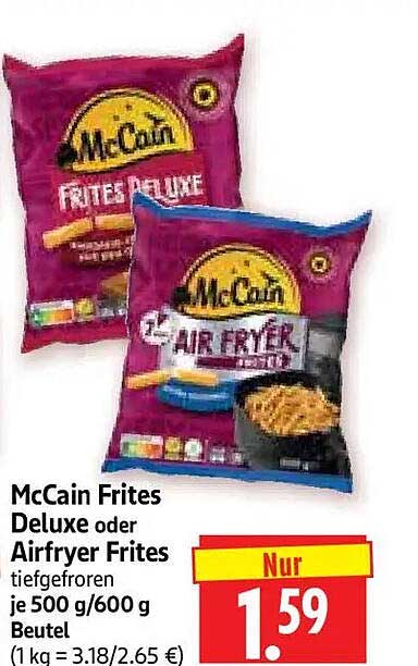 McCain Frites Deluxe oder Airfryer Frites tiefgefroren je 500 g/600 g Beutel (1 kg = 3.18/2.65 €)
