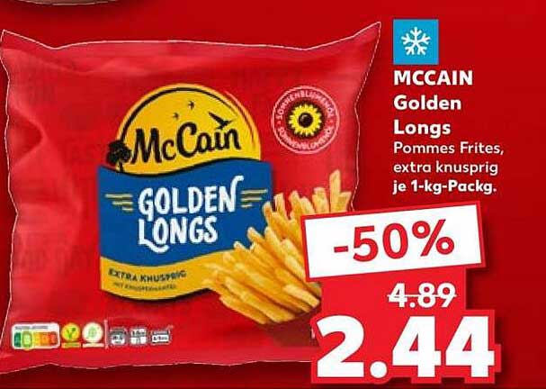 McCAIN Golden Longs Pommes Frites, extra knusprig je 1-kg-Pack.