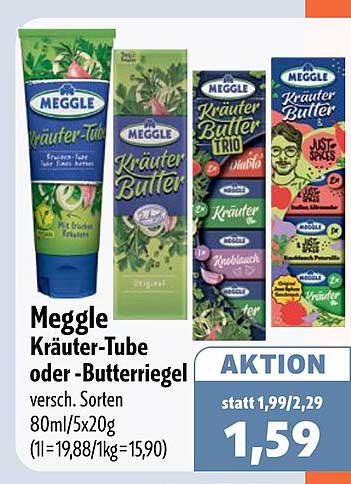 Meggle Kräuter-Tube oder -Butterriegel versch. Sorten 80ml/5x20g (1l=19,80/1kg=15,90)