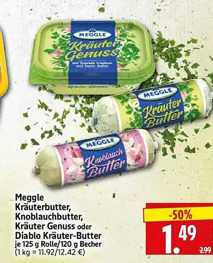 Meggle Kräuterbutter, Knoblauchbutter, Kräuter Genuss oder Die 125 g Rolle/120 g Becher