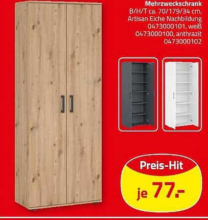 Mehrzweckschrank B/H/T ca. 70/179/34 cm, Artisan Eiche Nachbildung 0473000101, weiß 0473000100, anthrazit 0473000102