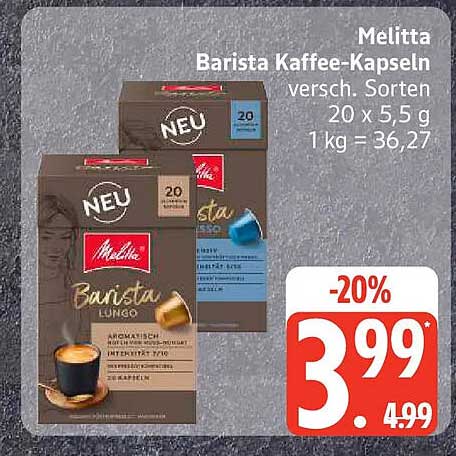 Melitta Barista Kaffee-Kapseln versch. Sorten 20 x 5,5 g 1 kg = 36,27