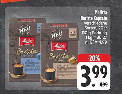 Melitta Barista Kapseln verschiedene Sorten, 20er 110 g Packung 1 kg = 36,27 n. G. = 4,99