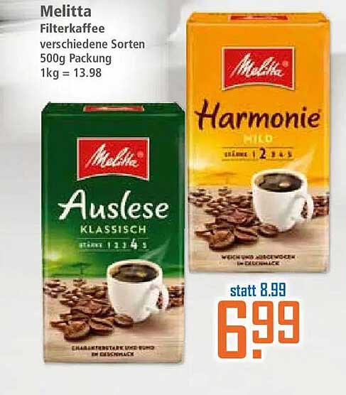 Melitta Filterkaffee verschiedene Sorten 500g Packung 1kg = 13.98