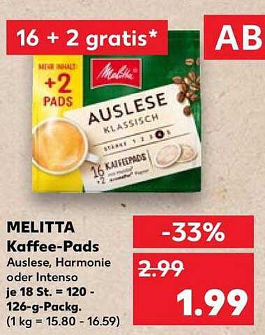 MELITTA Kaffee-Pads Auslese, Harmonie oder Intenso je 18 St. = 120 - 126-g-Pack. (1 kg = 15.80 - 16.59)