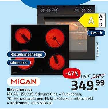MICAN Einbauherdset MICAN HSU735, Schwarz Glas, 4 Funktionen, 70 l Garraumvolumen, Elektro-Glaskeramikkochfeld, 4 Kochzonen, 1015288400