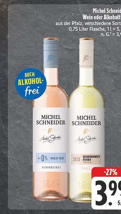 Michel Schneider Wein oder Alkoholfrei, aus der Pfalz, verschiedene Sorten, 0,75 Liter Flasche