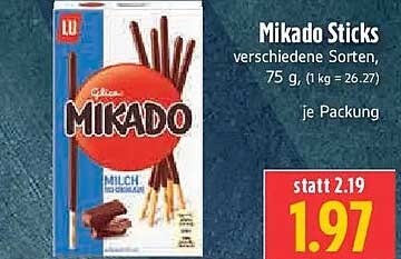 Mikado Sticks verschiedene Sorten, 75 g, (1 kg = 26.27) je Packung