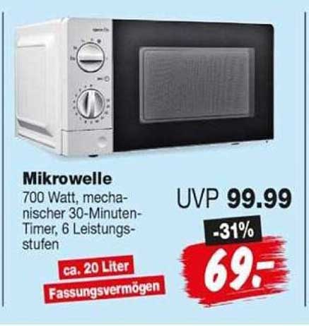 Mikrowelle 700 Watt, mechanischer 30-Minuten-Timer, 6 Leistungsstufen
