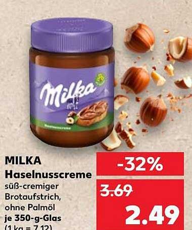 MILKA Haselnusscreme süß-cremiger Brotaufstrich, ohne Palmöl je 350-g-Glas (1 kg = 7.12)