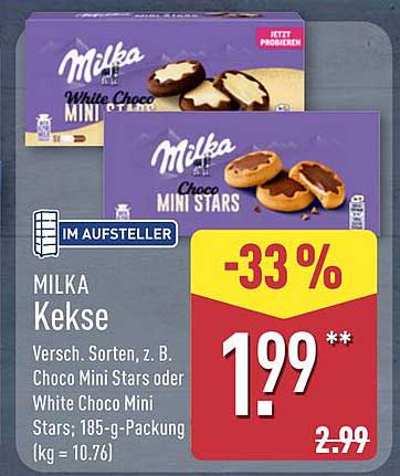 MILKA Kekse Versch. Sorten, z. B. Choco Mini Stars oder White Choco Mini Stars; 185-g-Packung (1 kg = 10.76)
