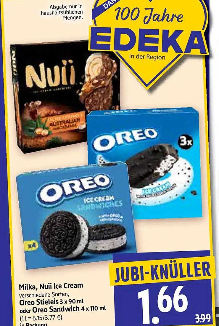 Milka, Nuii Ice Cream verschiedene Sorten, Oreo Stieleis 3 x 90 ml oder Oreo Sandwich 4 x 110 ml