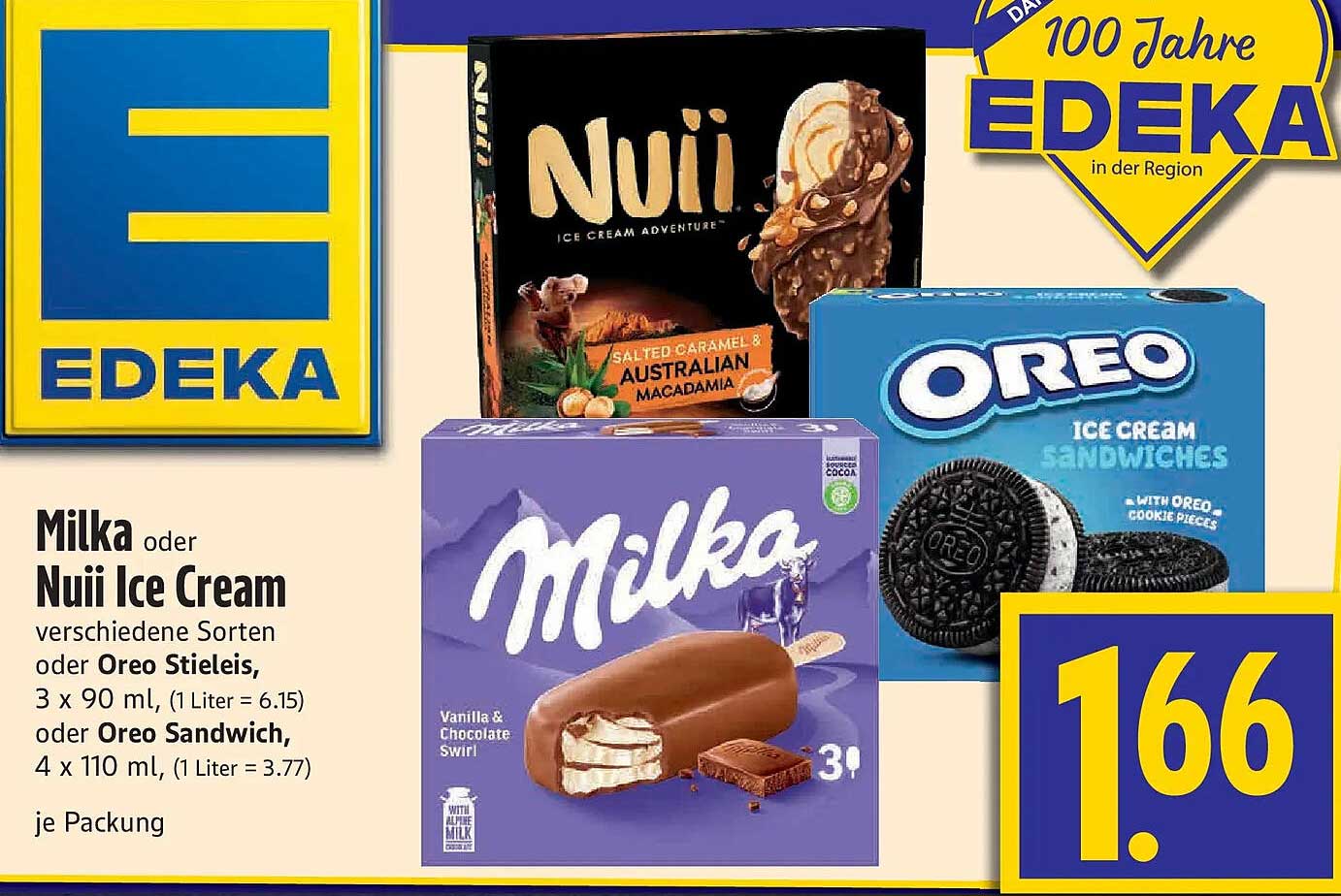 Milka oder Nuii Ice Cream verschiedene Sorten oder Oreo Stieleis, 3 x 90 ml, (1 Liter = 6.15) oder Oreo Sandwich, 4 x 110 ml, (1 Liter = 3.77)