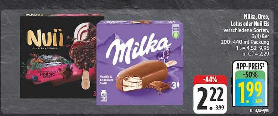 Milka, Oreo, Lotus oder Nuii Eis verschiedene Sorten, 3/4/8er