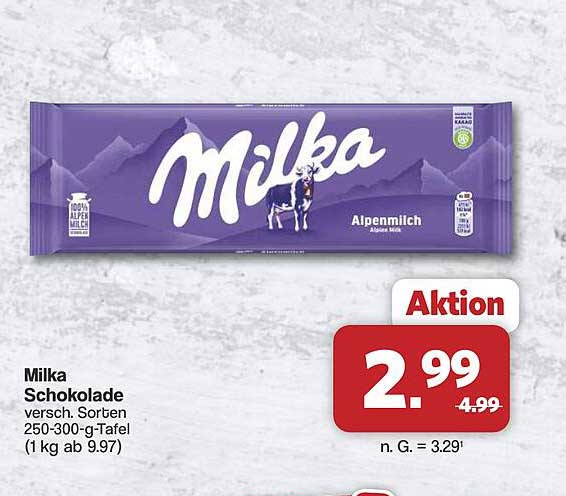 Milka Schokolade versch. Sorten 250-300-g-Tafel (1 kg ab 9.97)