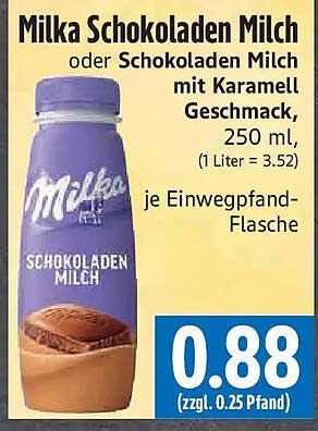 Milka Schokoladen Milch oder Schokoladen Milch mit Karamell Geschmack, 250 ml, (1 Liter = 3.52) je Einwegpfand-Flasche