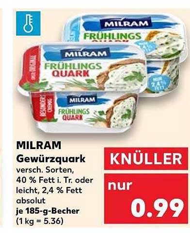 MILRAM Gewürzquark versch. Sorten, 40 % Fett i. Tr. oder leicht, 2,4 % Fett absolut je 185-g-Becher (1 kg = 5.36)