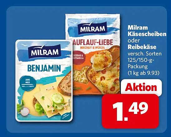 Milram Käsescheiben oder Reibekäse versch. Sorten 125/150-g-Packung (1 kg ab 9.93)