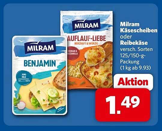 Milram Käsescheiben oder Reibekäse versch. Sorten 125/150-g-Packung (1 kg ab 9.93)