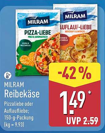 MILRAM Reibekäse Pizzaliebe oder Auflaufliebe; 150-g-Packung (kg = 9,93)