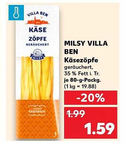 MILSY VILLA BEN Käsezöpfe geräuchert. 35 % Fett i. Tr. je 80-g-Packg. (1 kg = 19,88)