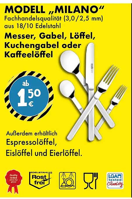 MODELL „MILANO“ Messer, Gabel, Löffel, Kuchengabel oder Kaffeelöffel