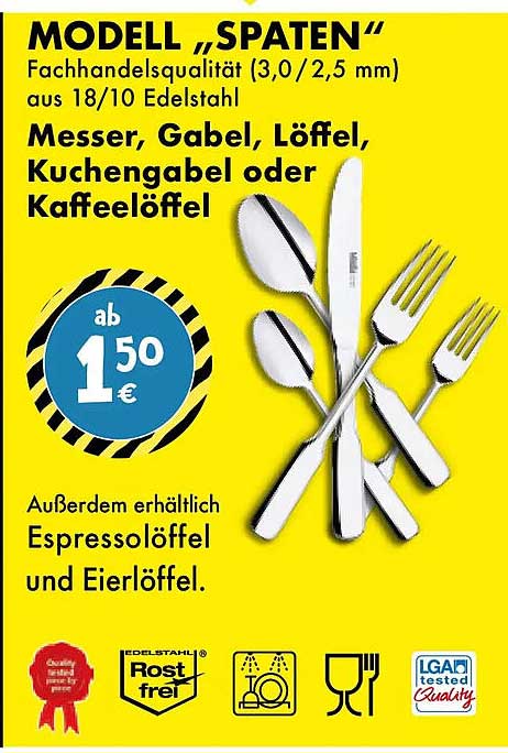 MODELL „SPATEN“ Fachhandelsqualität (3,0 / 2,5 mm) aus 18/10 Edelstahl Messer, Gabel, Löffel, Kuchengabel oder Kaffeelöffel