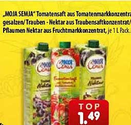 „MOJA SEMJA“ Tomatensaft aus Tomatenmarkkonzentrat, gesalzen/ Trauben - Nektar aus Traubensaftkonzentrat/ Pflaumen Nektar aus Fruchtmarkkonzentrat, je 1 l Pack.