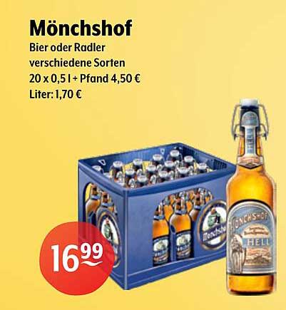Mönchshof Bier oder Radler verschiedene Sorten 20 x 0,5 l + Pfand 4,50 € Liter: 1,70 €