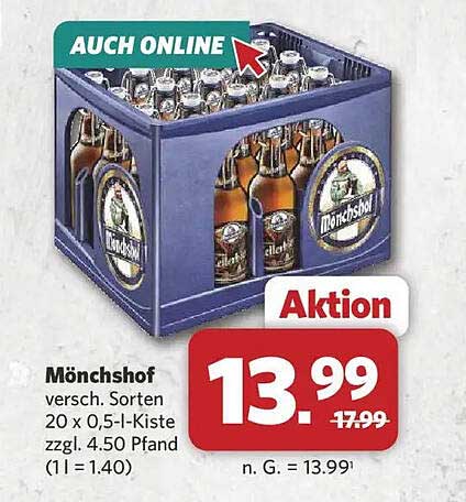 Mönchshof versch. Sorten 20 x 0,5-l-Kiste zzgl. 4.50 Pfand (1 l = 1.40)