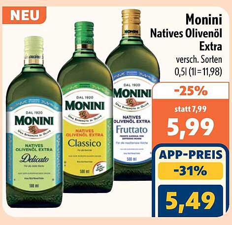 Monini Natives Olivenöl Extra versch. Sorten 0,5l (1l=11,98)