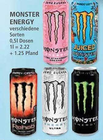 MONSTER ENERGY verschiedene Sorten 0,5 l Dosen 1 l = 2.22 + 1.25 Pfand