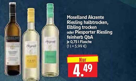 Moselland Akzente Riesling halbtrocken, Elbling trocken oder Piesporter Riesling feinherb QbA