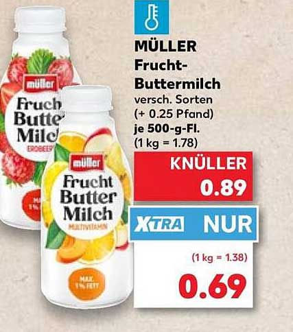 MÜLLER Frucht-Buttermilch versch. Sorten (+ 0.25 Pfand) je 500-g-FL (1 kg = 1.78)