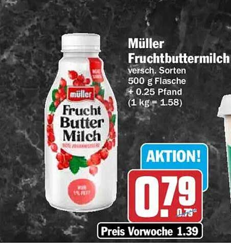 Müller Fruchtbuttermilch versch. Sorten 500 g Flasche + 0.25 Pfand (1 kg = 1.58)