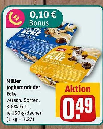 Müller Joghurt mit der Ecke versch. Sorten, 3,8% Fett, je 150-g-Becher (1 kg = 3.27)