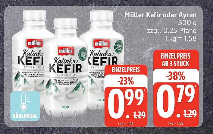 Müller Kefir oder Ayran 500 g zzgl. 0,25 Pfand 1 kg = 1,58