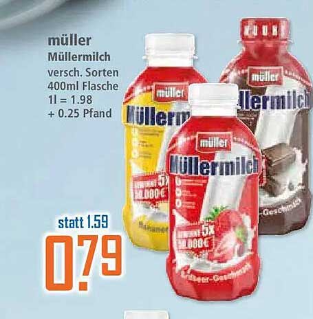 müller Müllermilch versch. Sorten 400ml Flasche 1l = 1.98 + 0.25 Pfand