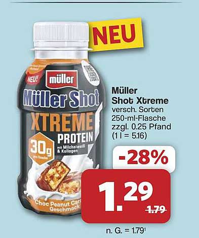 Müller Shot Xtreme versch. Sorten 250-ml-Flasche zzgl. 0,25 Pfand (1 l = 5.16)