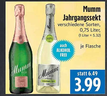 Mumm Jahrgangssekt verschiedene Sorten, 0,75 Liter, (1 Liter = 5.32) je Flasche