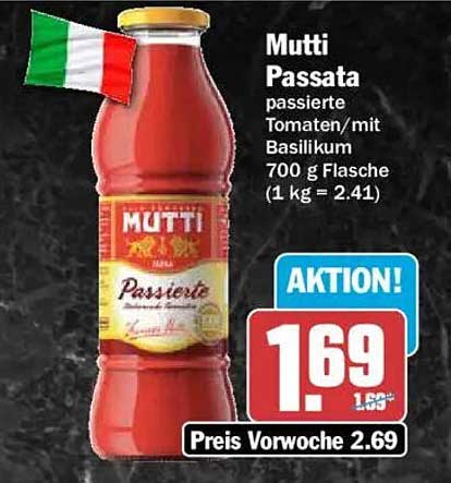 Mutti Passata passierte Tomaten/mit Basilikum 700 g Flasche (1 kg = 2.41)